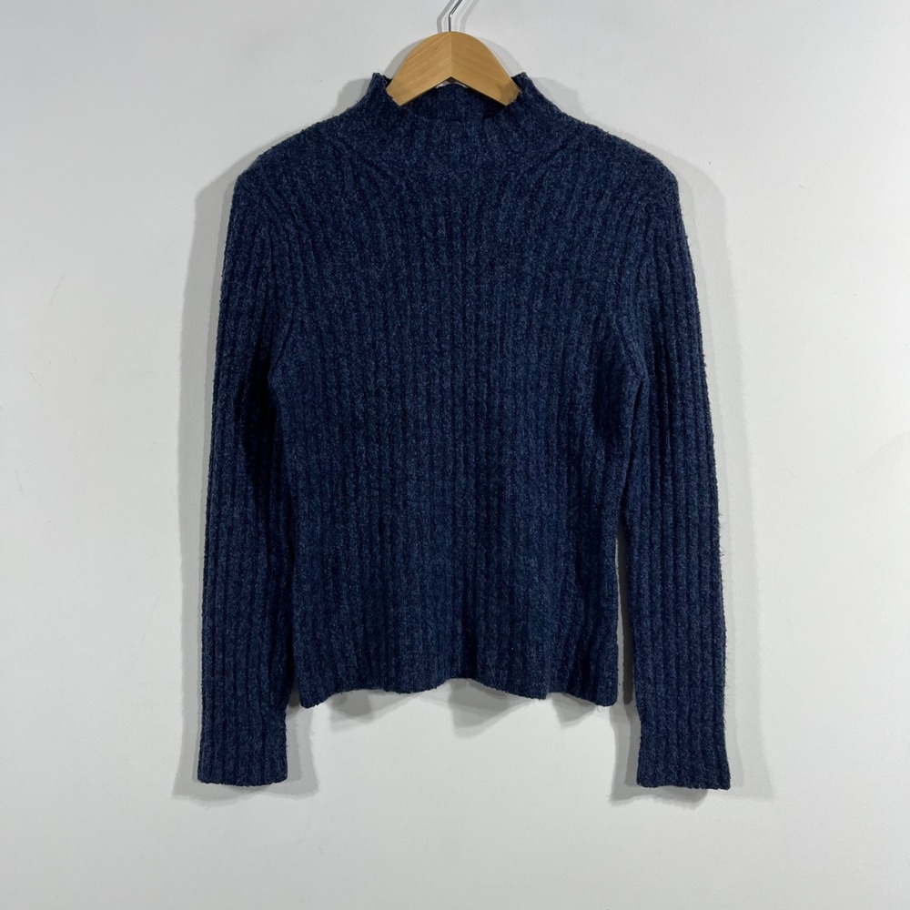 NY&CO 90s Parisian Preppy Fisherman Navy Ribbed Mock Neck Wool Sweater Medium